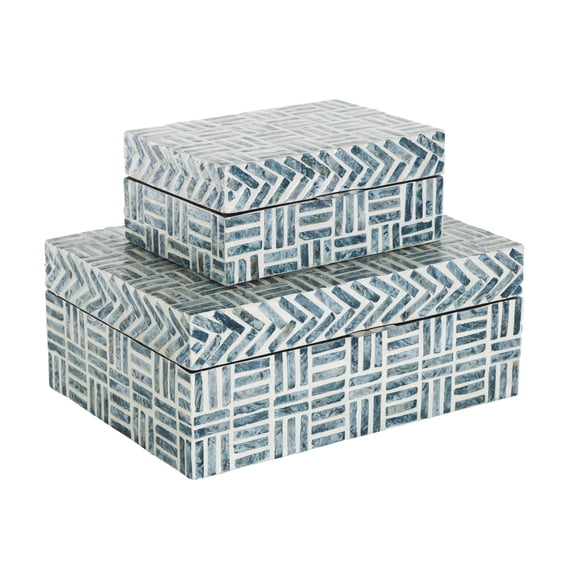 DecMode Geometric Handmade Mosaic Storage Blue Mother of Pearl Shell Decorative Box with Cream Underlay, 2 Count