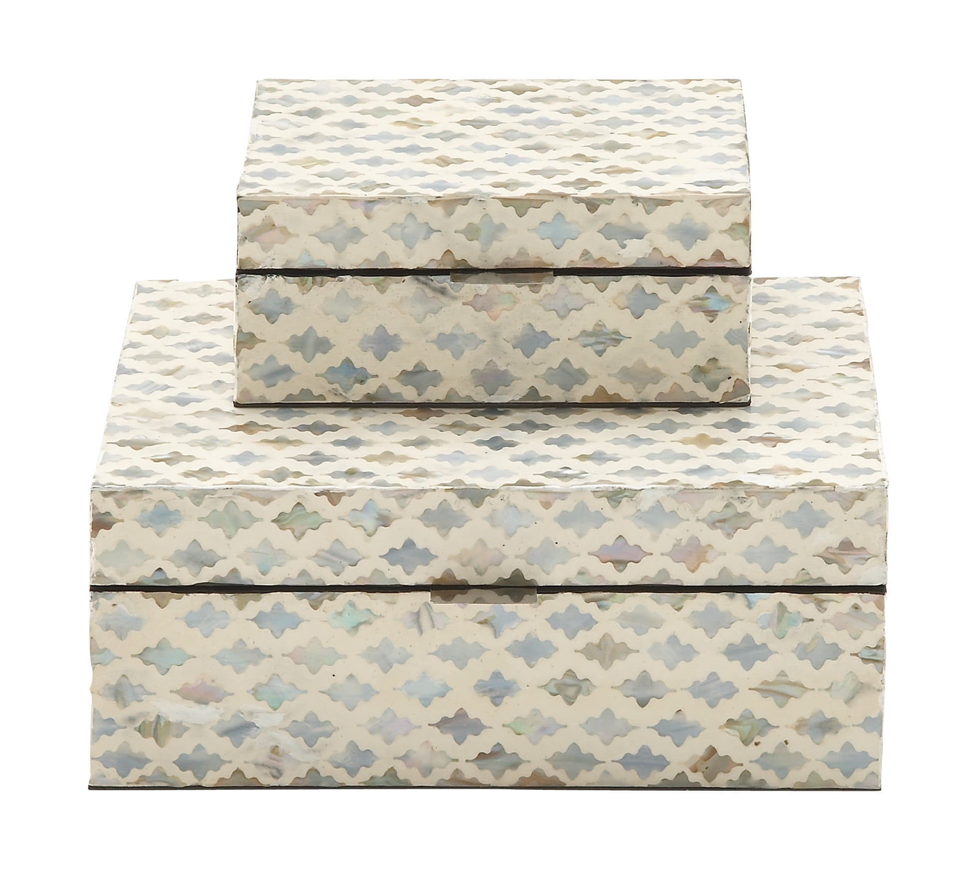 Cream Mother of Pearl Geometric Lidded Jewelry Boxes, Set of 2