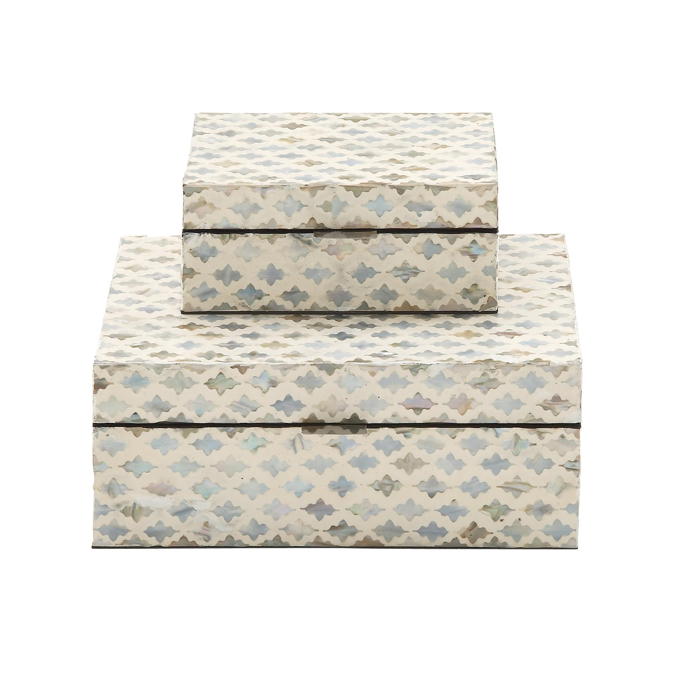DecMode Geometric Handmade Storage Cream Mother of Pearl Shell Decorative Box with Hinged Lid, 2 Count