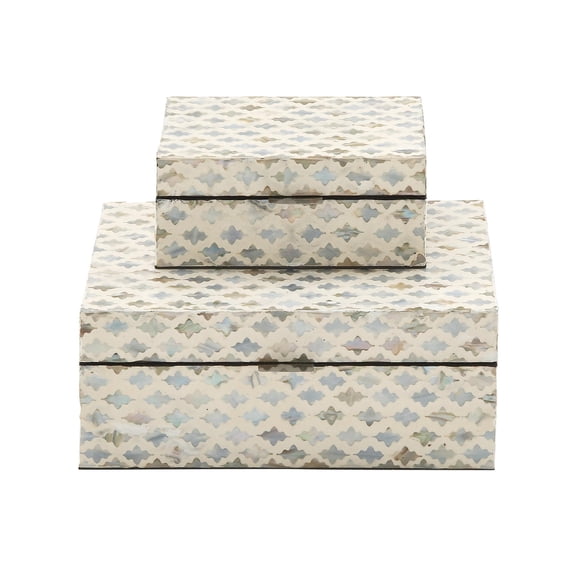 DecMode Geometric Handmade Storage Cream Mother of Pearl Shell Decorative Box with Hinged Lid, 2 Count