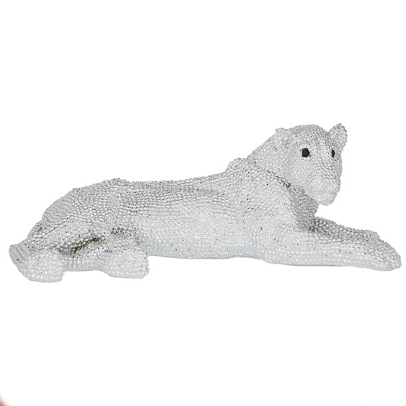 DecMode Glam Polystone Silver Lying Leopard Sculpture, 13"W x 9"H
