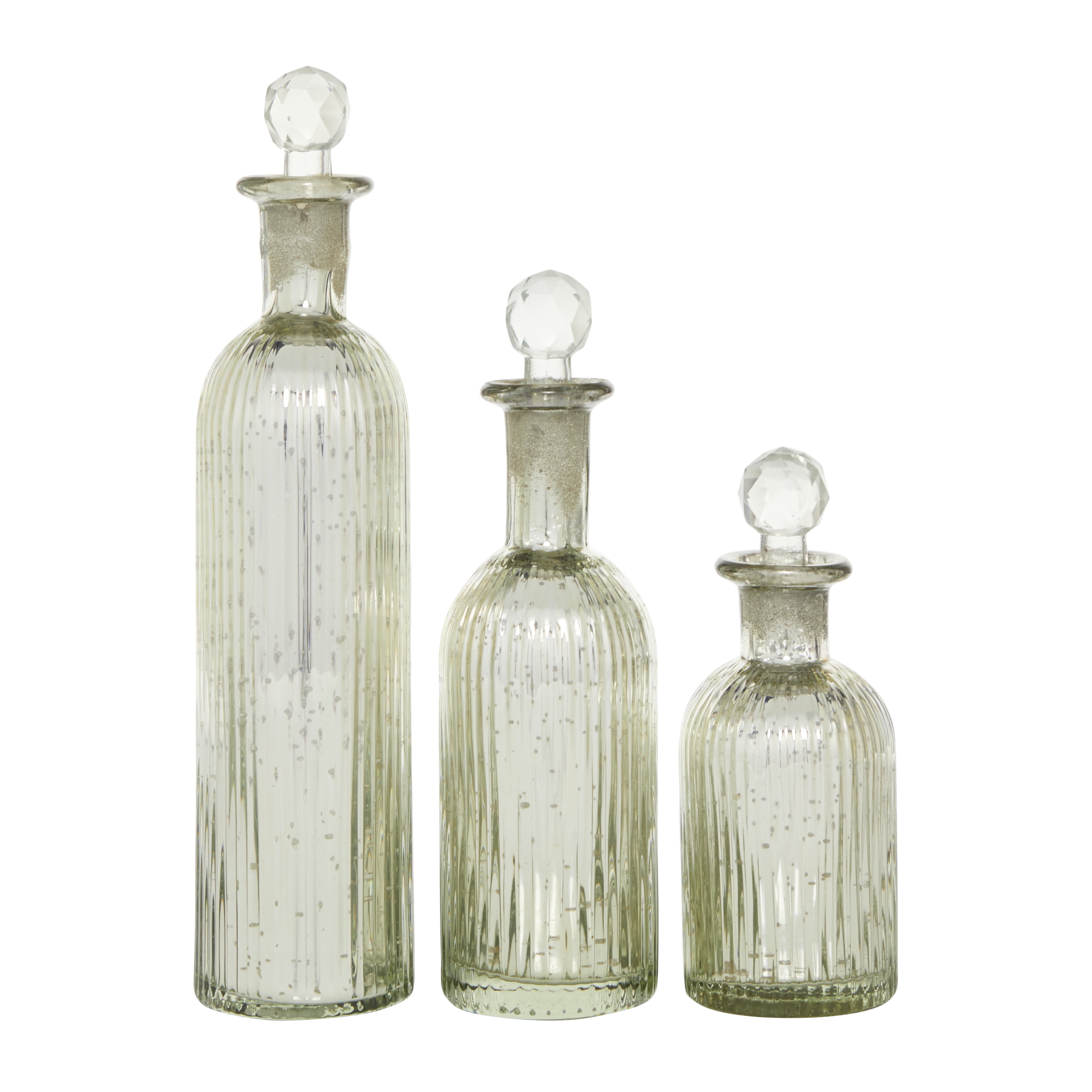 Set of Three Silver Ridged Glass Decorative Bottles with Crystal Stoppers