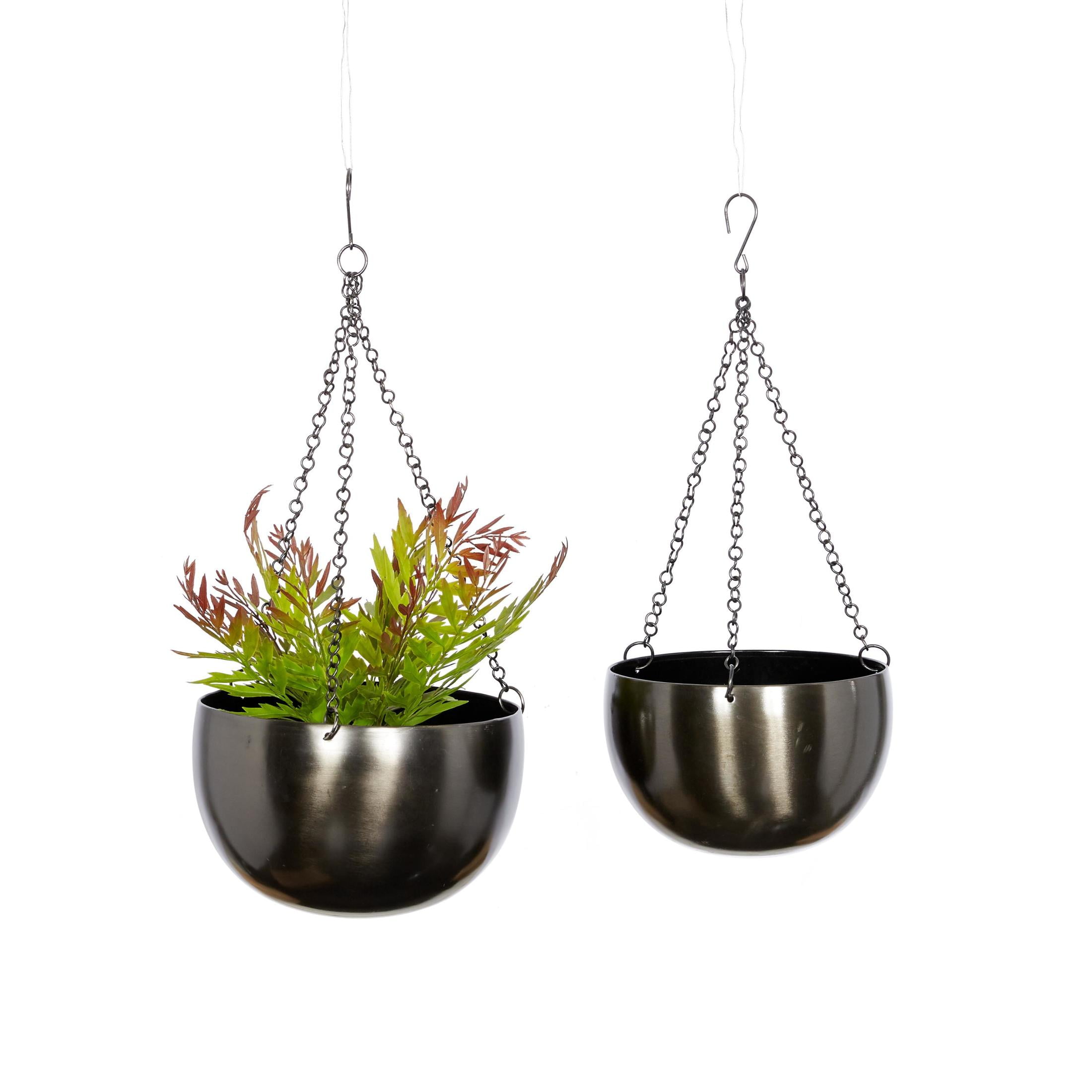 DecMode Glam Shiny Black Metal Bowl Shaped Hanging Planters with Three Chains, Set of 2 5",6"H