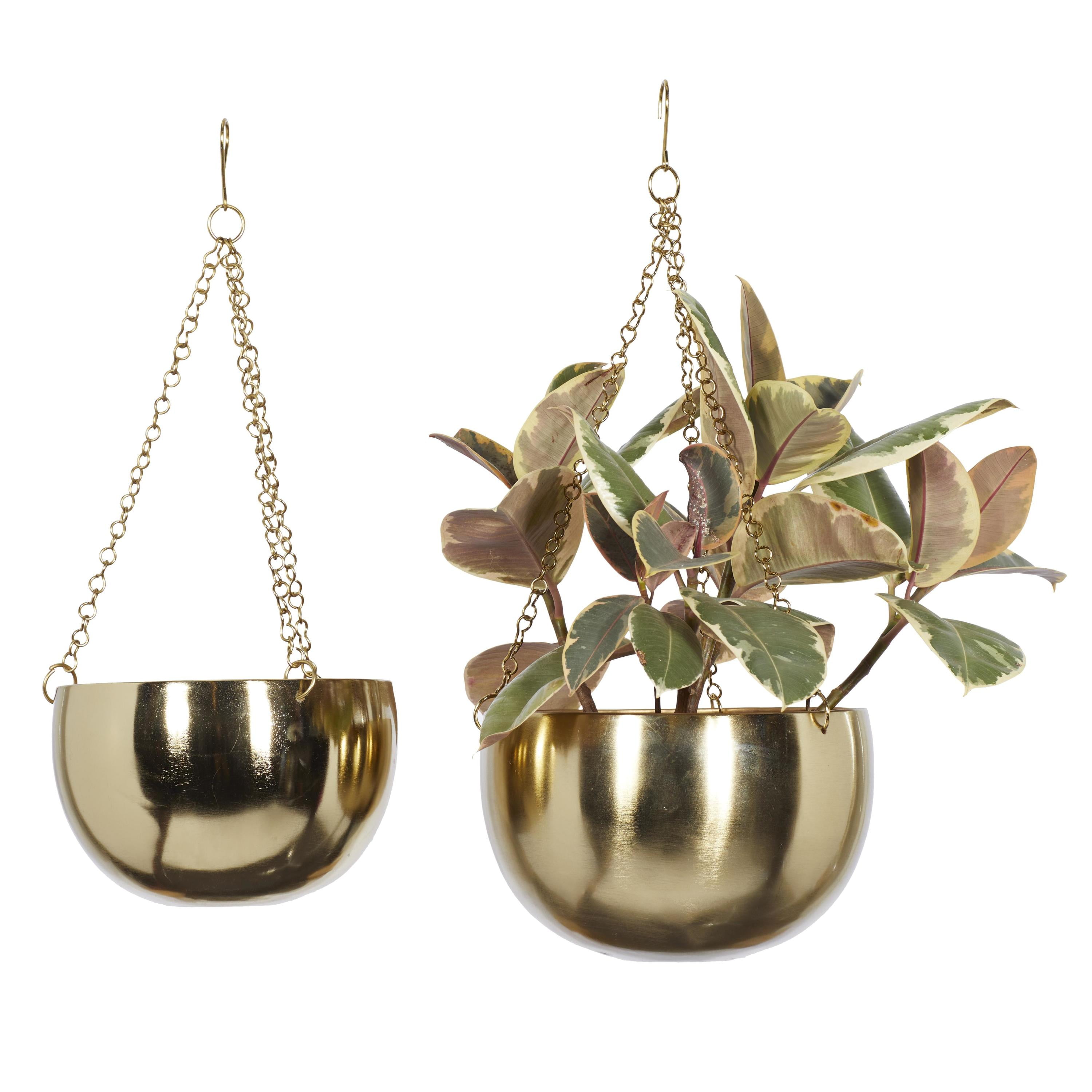 Set of 2 Gold Metal Hanging Planters with Chains