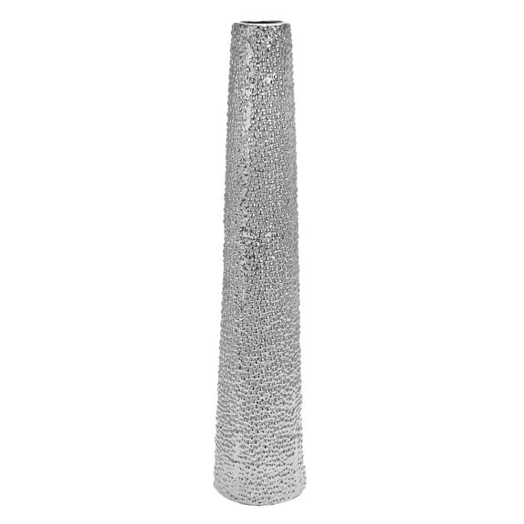 DecMode Glam Silver Round Large and Tall Cylindrical Floor Vase, Ceramic with Beaded Textured Pattern, 8'W x 50'H