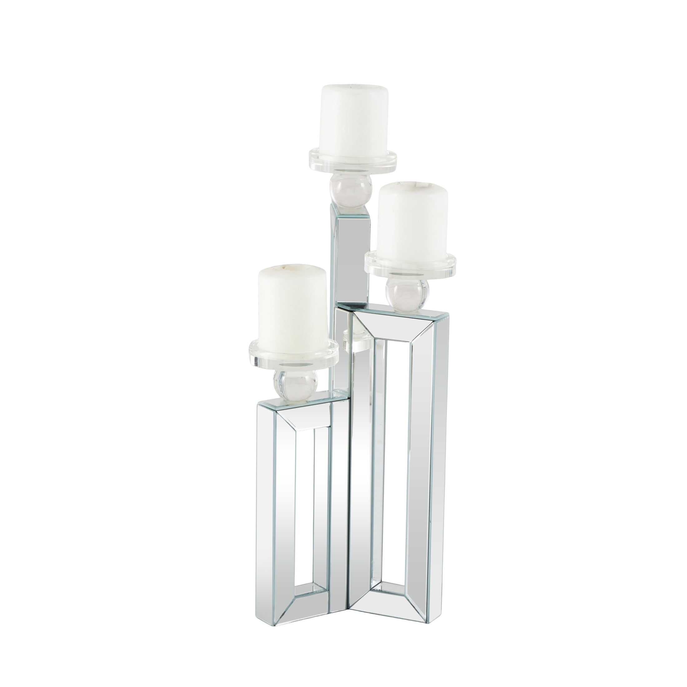 DecMode Glam Wood 3 Plate Pillar Candlle Holder with Silver Beveled Glass Finish, 7"W x 21"H