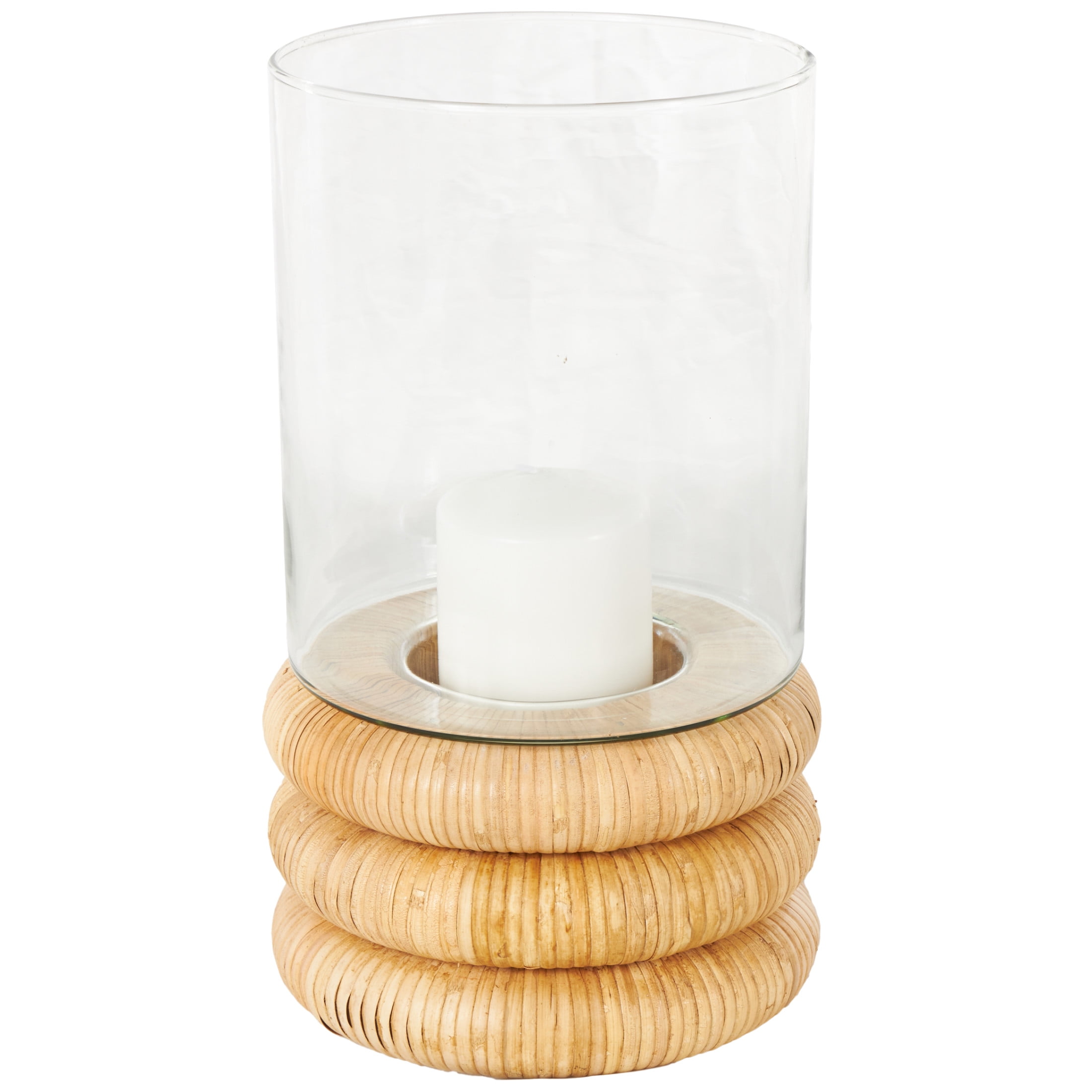 DecMode Glass Round Hurricane Lamp with Light Brown Woven Base