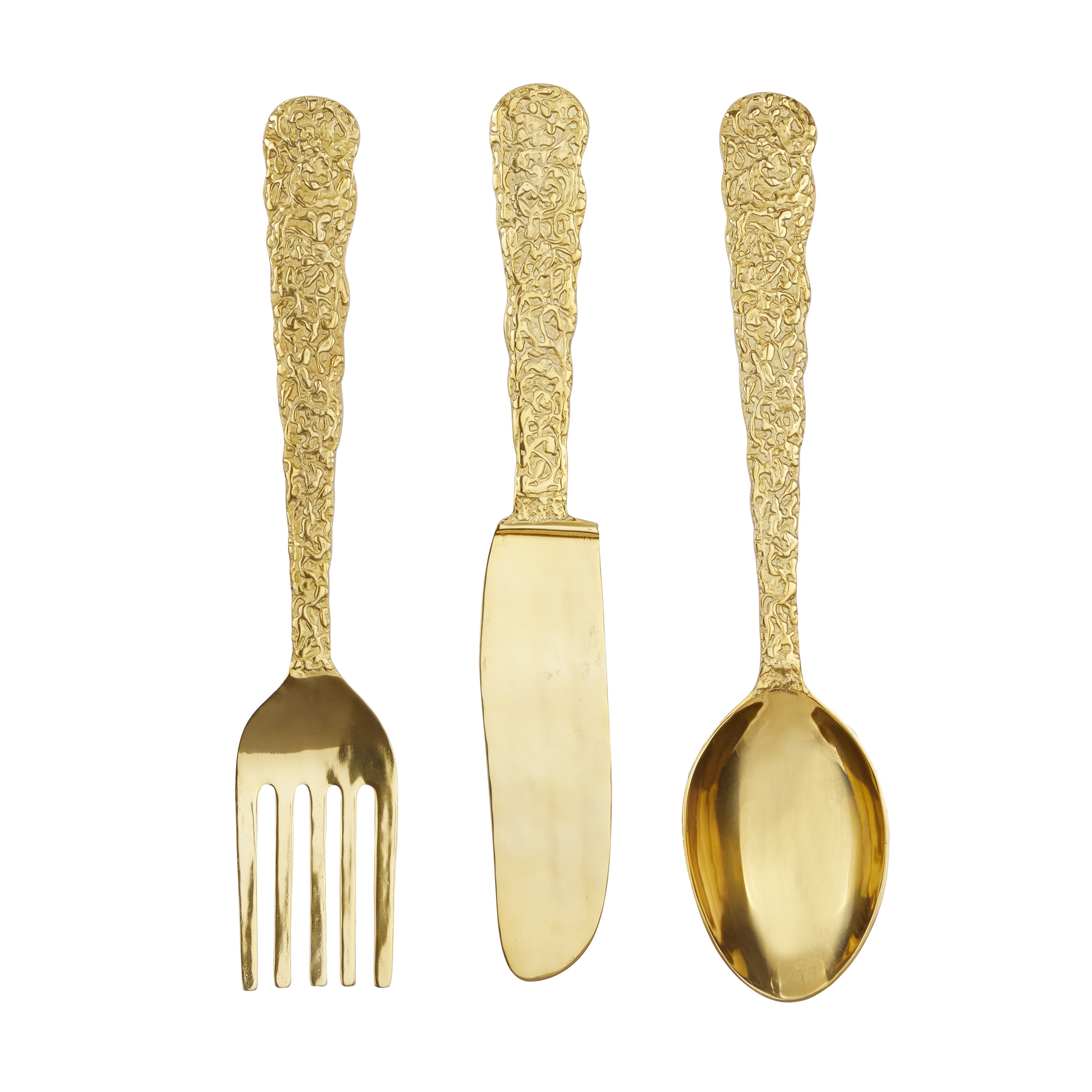DecMode Gold Aluminum Knife, Spoon and Fork Utensils Wall Decor (3