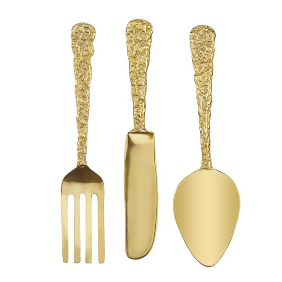 DecMode Gold Aluminum Metal Knife, Spoon and Fork Utensils Wall Decor (3 Count)