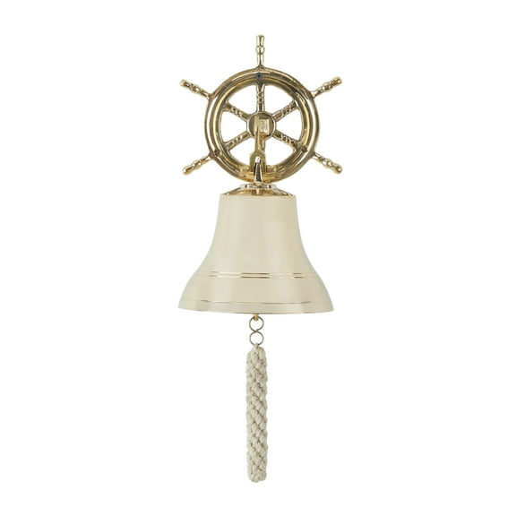 DecMode Gold Brass Bell Wall Decor with Ship wheel Backing