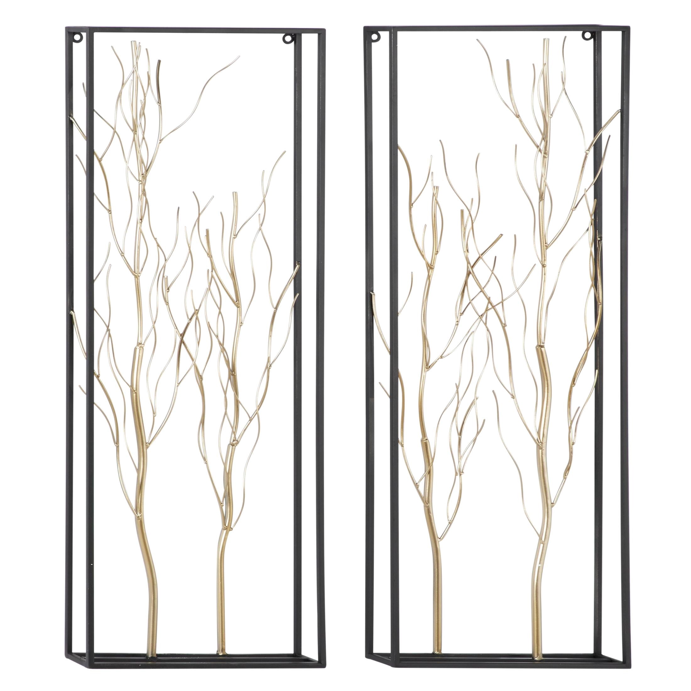 DecMode Gold Metal Branch Tree Wall Decor with Black Frame (2 Count)