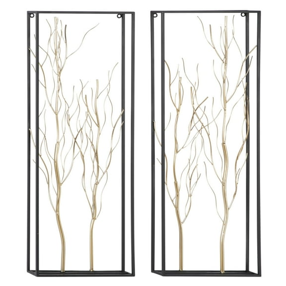 DecMode Gold Metal Branch Tree Wall Decor with Black Frame (2 Count)