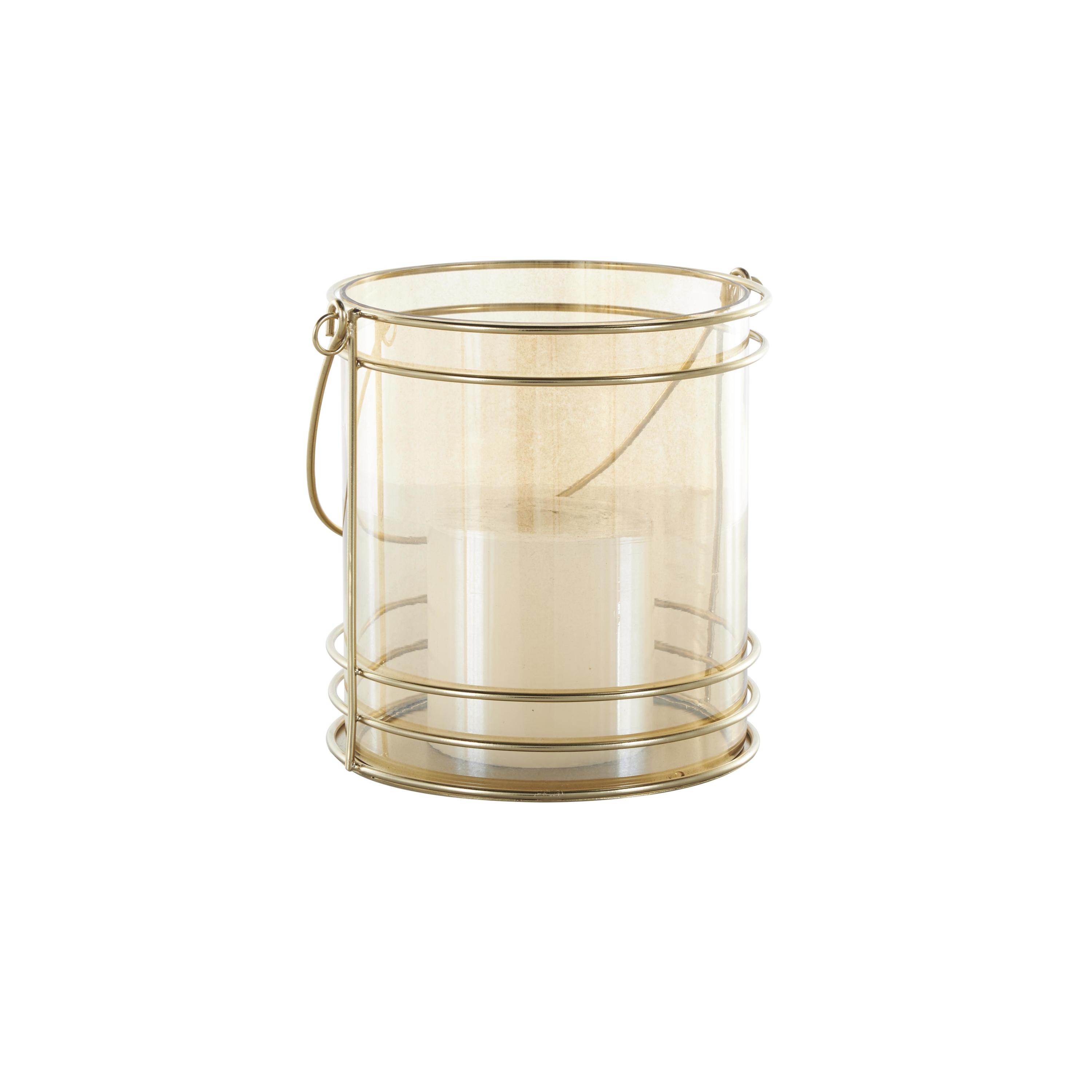 DecMode Gold Metal Candle Lantern with Thin Circular Rods and Tinted Glass