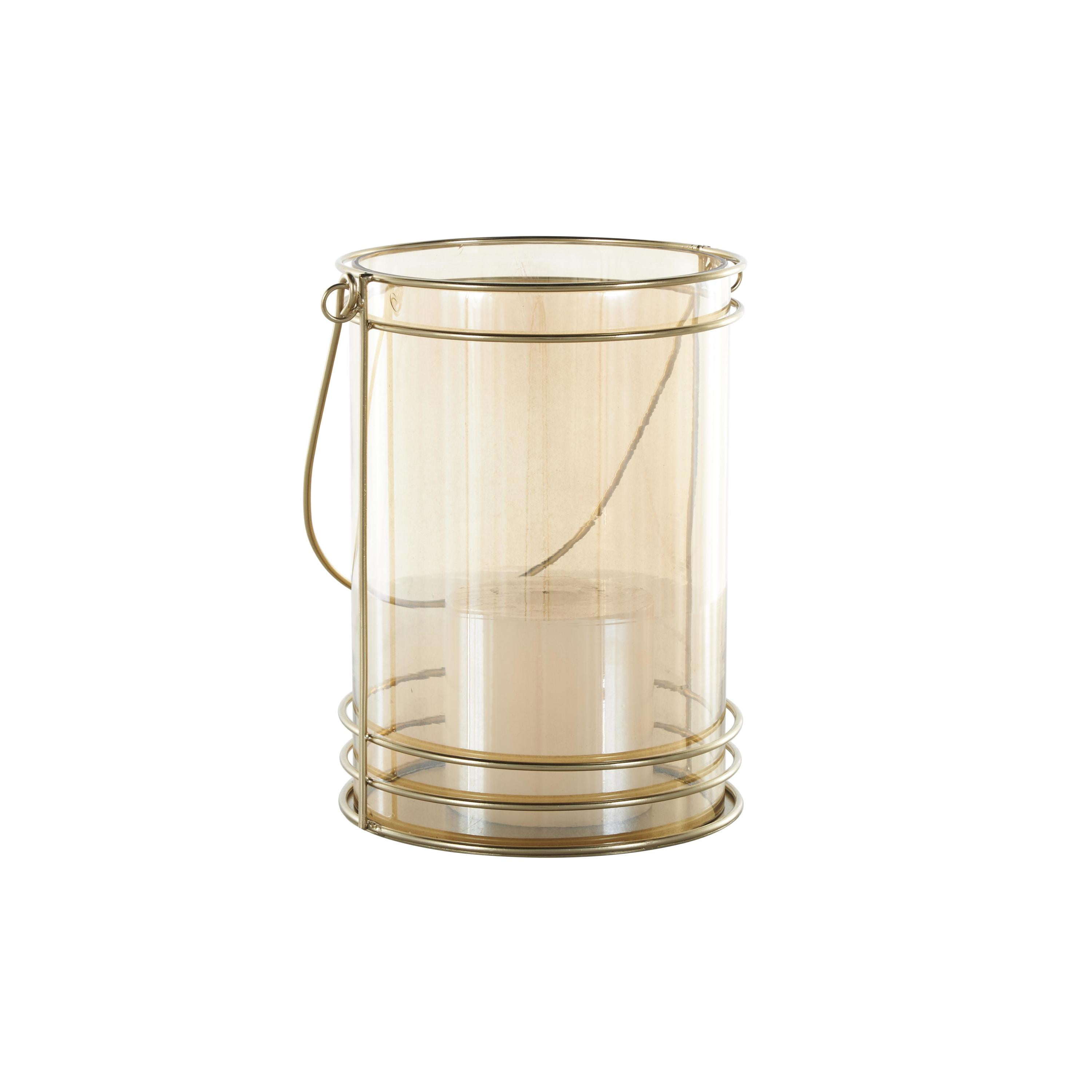 DecMode Gold Metal Candle Lantern with Thin Circular Rods and Tinted Glass