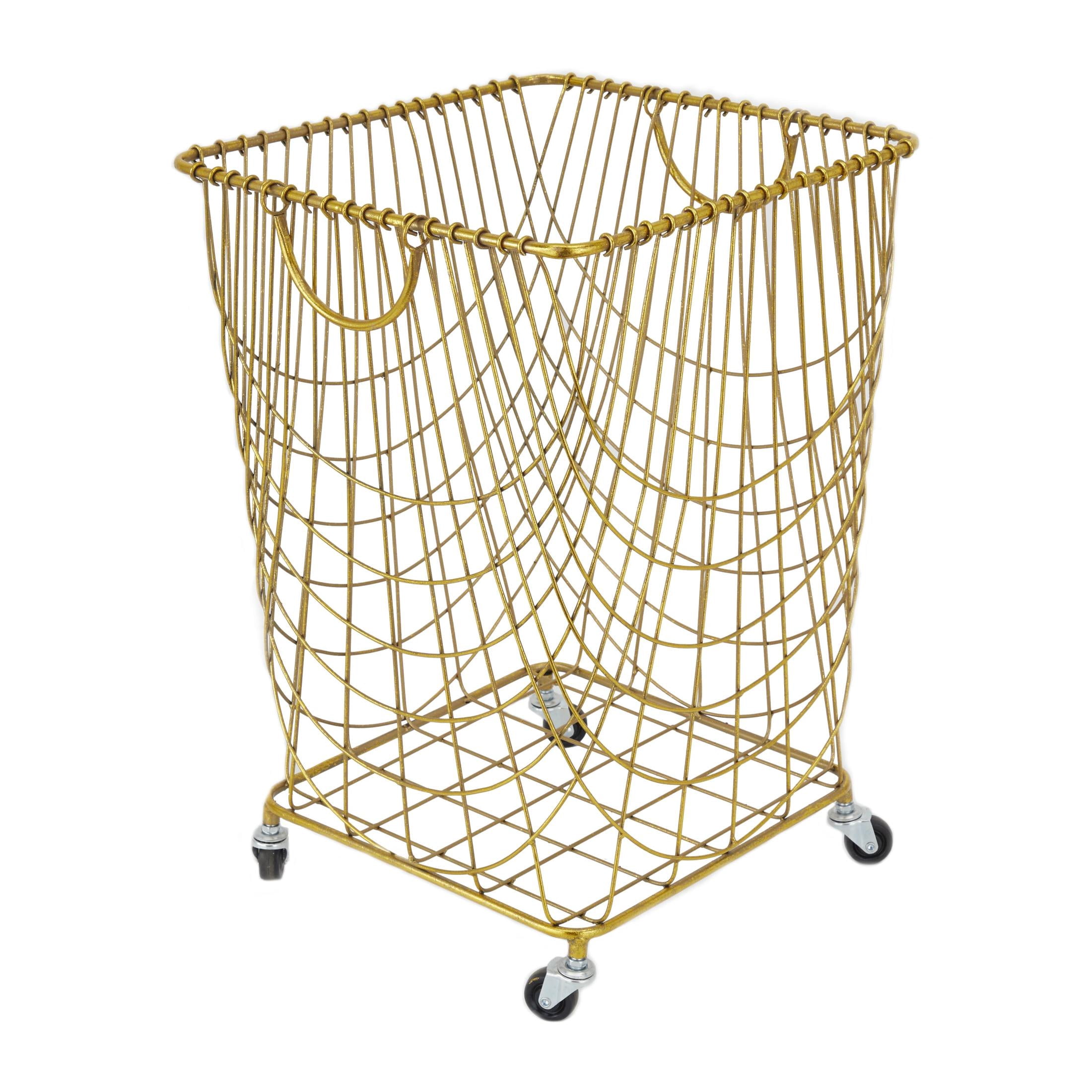 DecMode Gold Metal Deep Set Metal Mesh Laundry Basket Storage Cart with Wheels and Handles