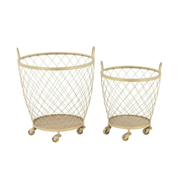 DecMode Gold Metal Mobile Wire Basket Storage Cart with Wood Interior