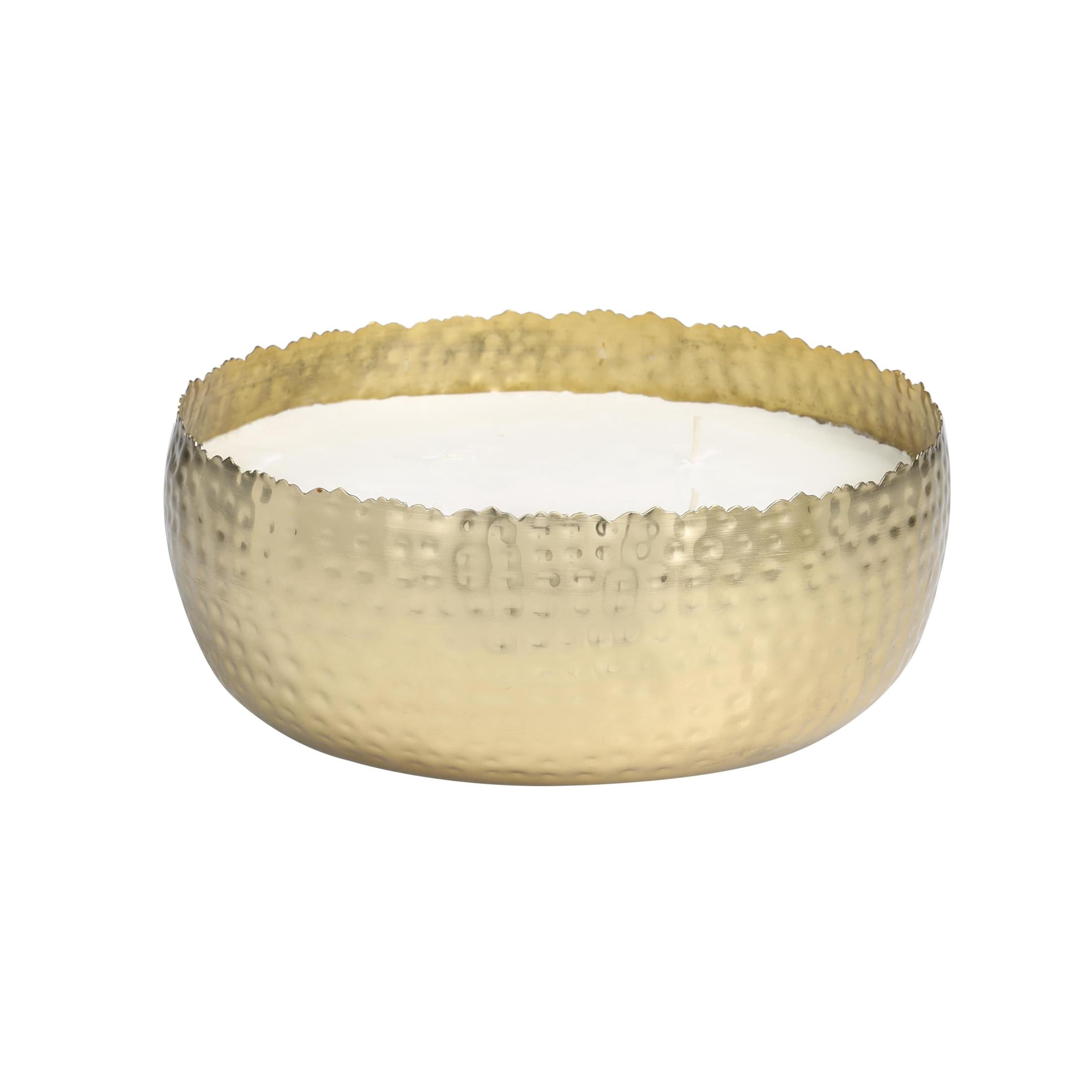 DecMode Gold Metal English Garden Scented Wide Hammered 90 oz 4 Wick Candle with White Wax
