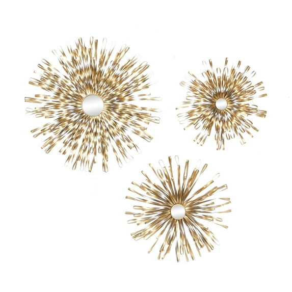 DecMode Gold Metal Looped Sunburst Wall Decor with Mirror Accent (3 Count)