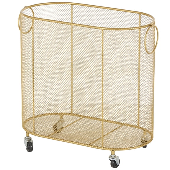 DecMode Gold Metal Oval Mesh Wire Rolling Laundry Storage Cart with Ring Handles