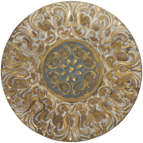 DecMode Gold Metal Embossed Scrolled Plate Wall Decor with Teal Accent