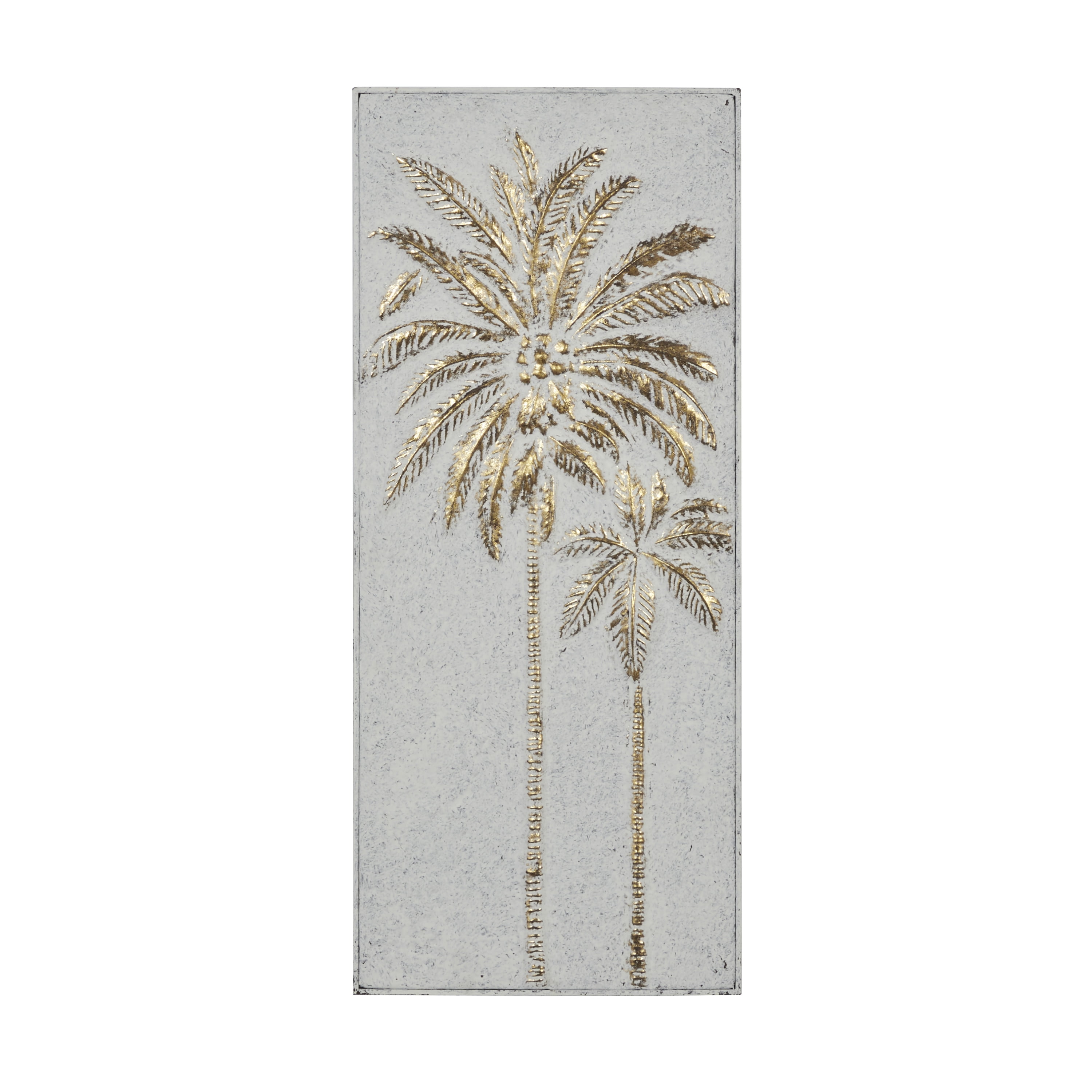 Gold and White Metal Palm Tree Relief Wall Sculpture