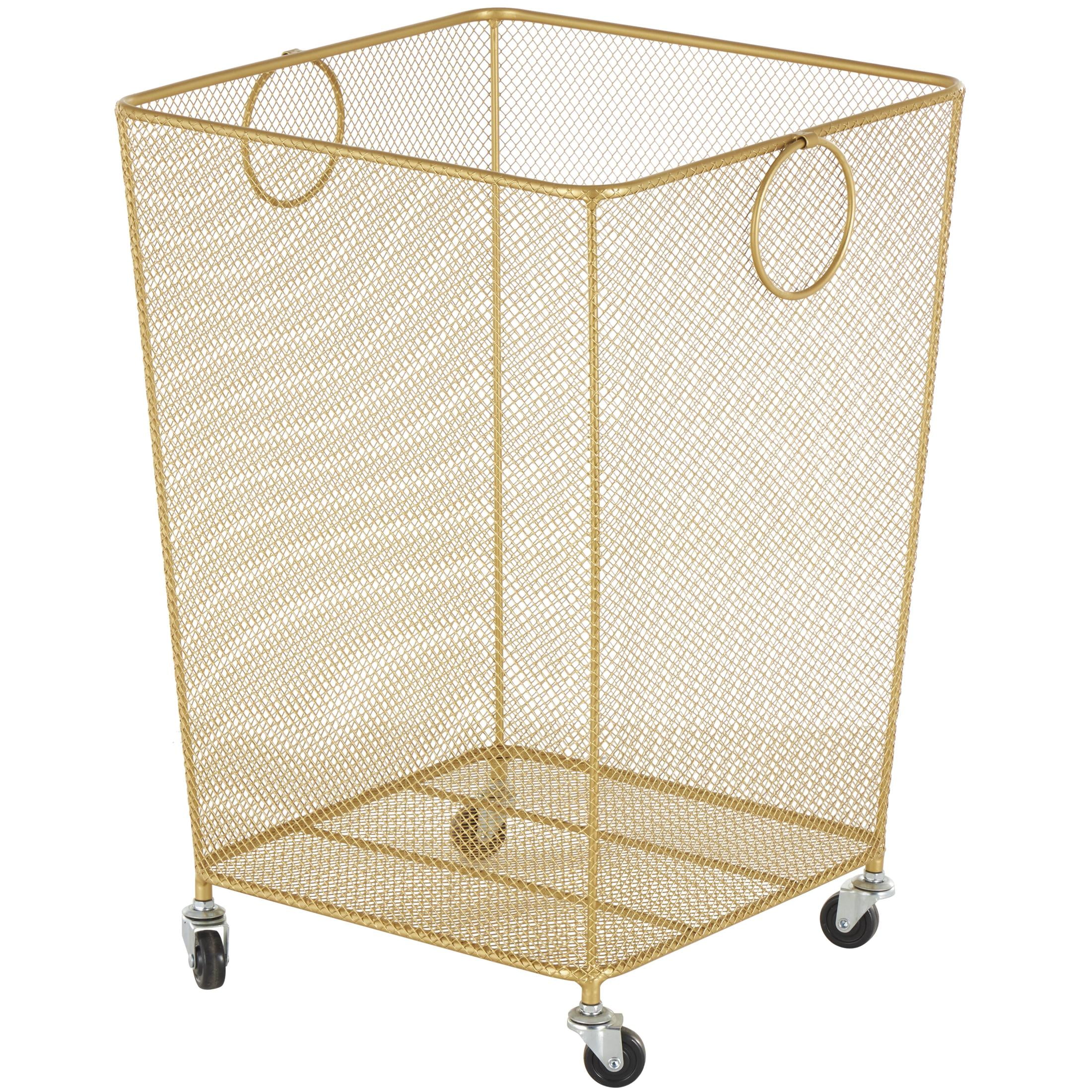 DecMode Gold Metal Square Mesh Wire Rolling Laundry Storage Cart with Ring Handles