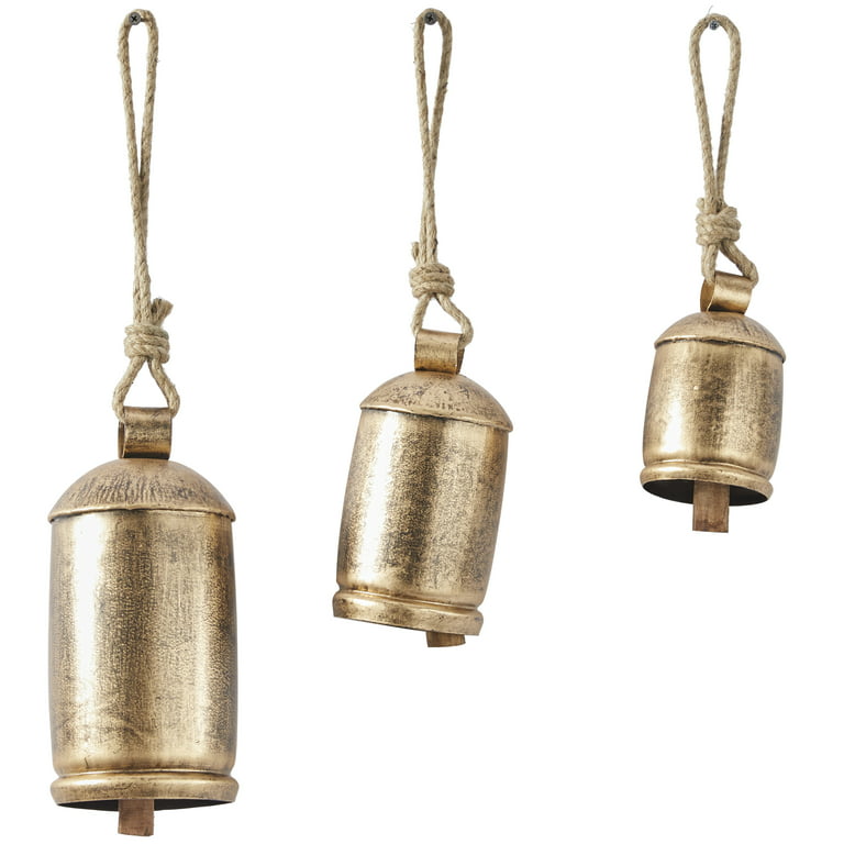DecMode Gold Metal Tibetan Inspired Decorative Hanging Bell Chime Set of 3  13, 10, 8H, Features a Round Shape with Solid Pattern and Metal Clappers  