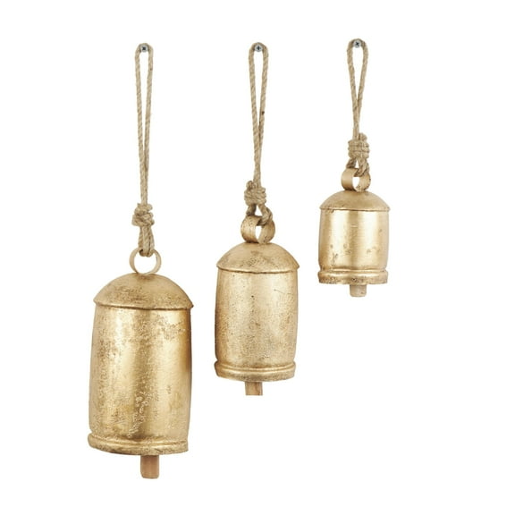 DecMode Gold Metal Tibetan Inspired Decorative Hanging Bell Chime Set of 3 5", 4", 3"H, Features a Round Shape with Solid Pattern and Metal Clappers