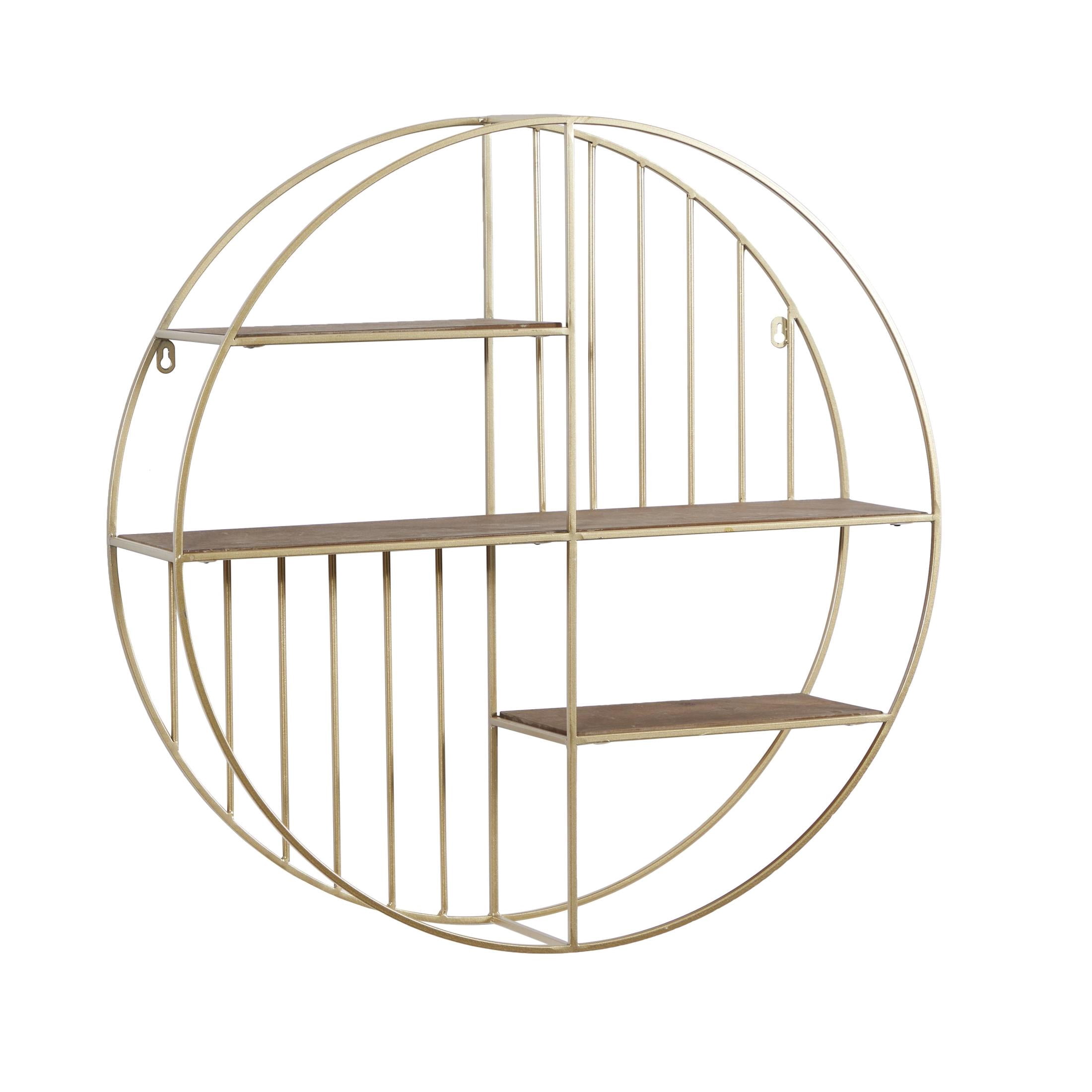 DecMode Gold Modern Iron Round Wall Shelf with Natural Brown Shelf Finish , 28"W x 28"H