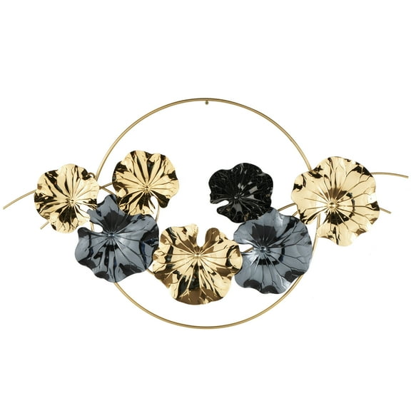 DecMode Gold Stainless Steel Metal Floral Wall Decor with Circular Frame and Black Accents