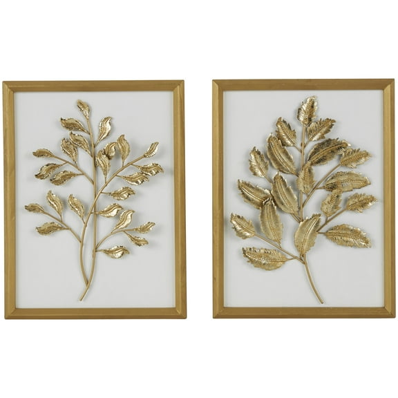 DecMode Gold Wood 3D Leaf Wall Decor with Beveled Frame (2 Count)
