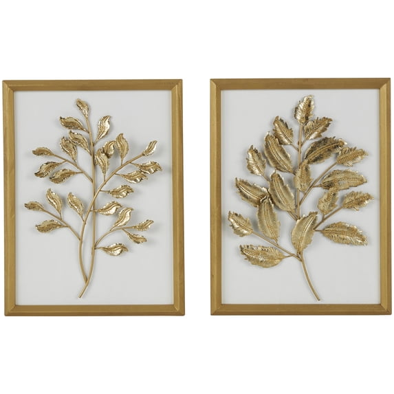 DecMode Gold Wood 3D Leaf Wall Decor with Beveled Frame (2 Count)