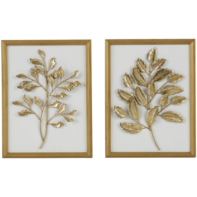 DecMode Gold Wood 3D Leaf Wall Decor with Beveled Frame (2 Count ...