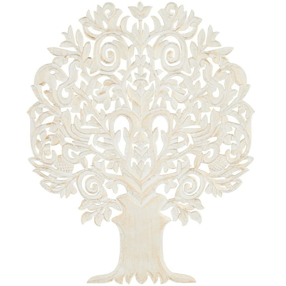 DecMode Gold Wooden Handmade Carved Tree Wall Decor with Scroll Details