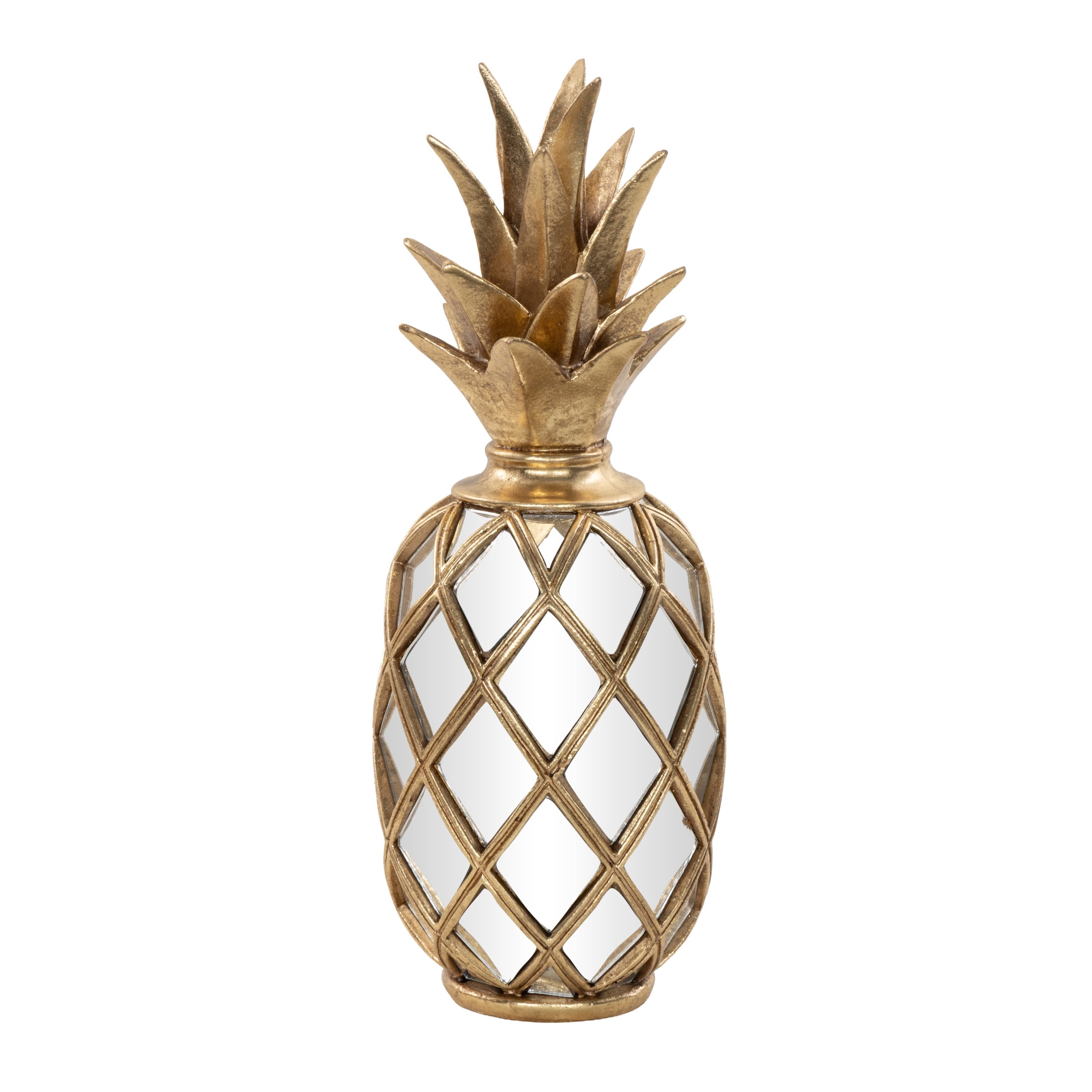 DecMode Gold and Mirror Glamorous and Coastal Pineapple Table Top Décor with Textured Base, 5"W x 5"L x "15H, Featuring Diamond Glass Cut-Outs