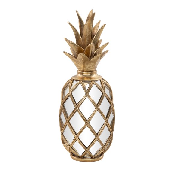 DecMode Gold and Mirror Glamorous and Coastal Pineapple Table Top Décor with Textured Base, 5"W x 5"L x "15H, Featuring Diamond Glass Cut-Outs