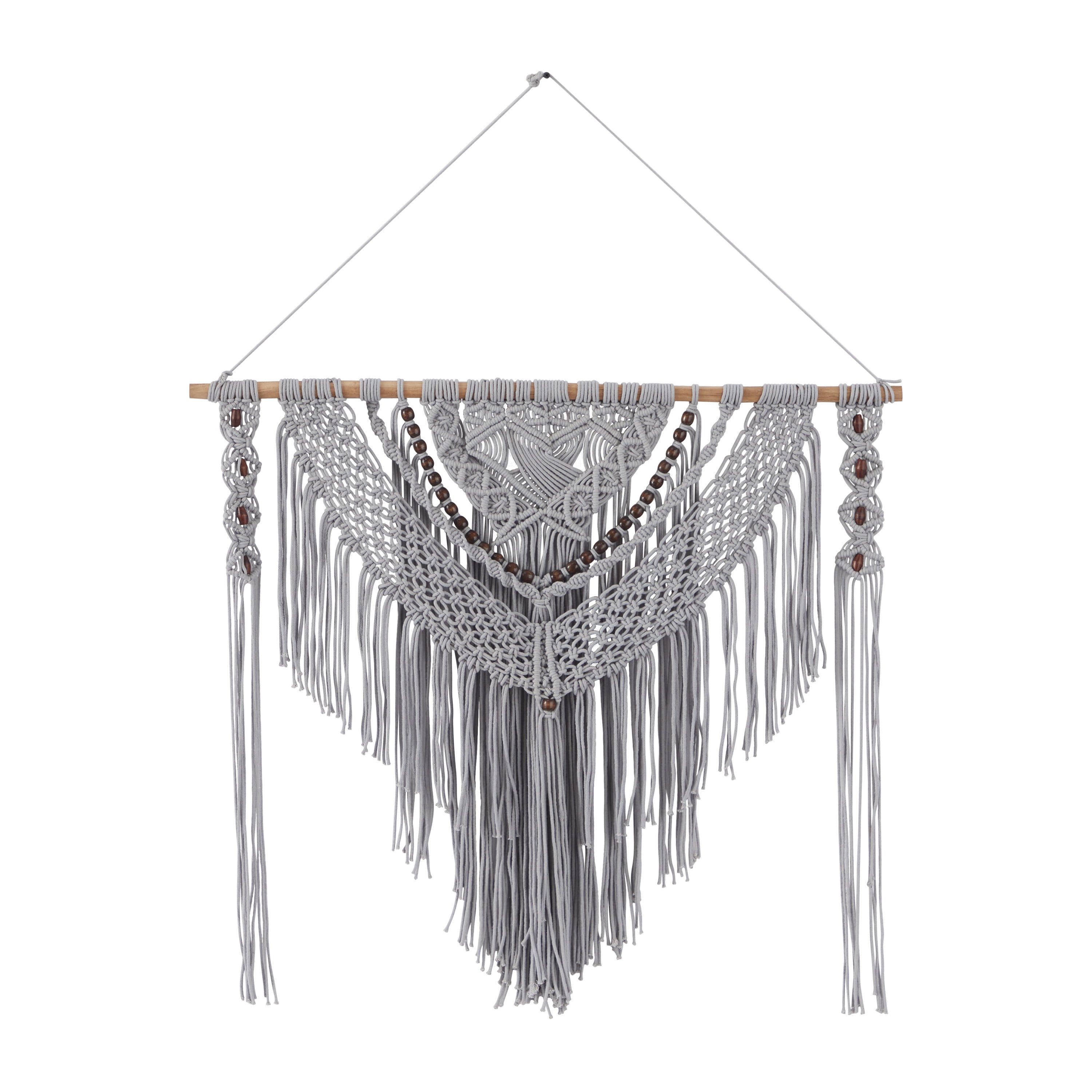 DecMode Gray Cotton Handmade Intricately Weaved Macrame Wall Decor with Beaded Fringe Tassels