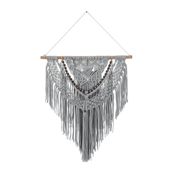 DecMode Gray Cotton Handmade Intricately Weaved Macrame Wall Decor with Beaded Fringe Tassels