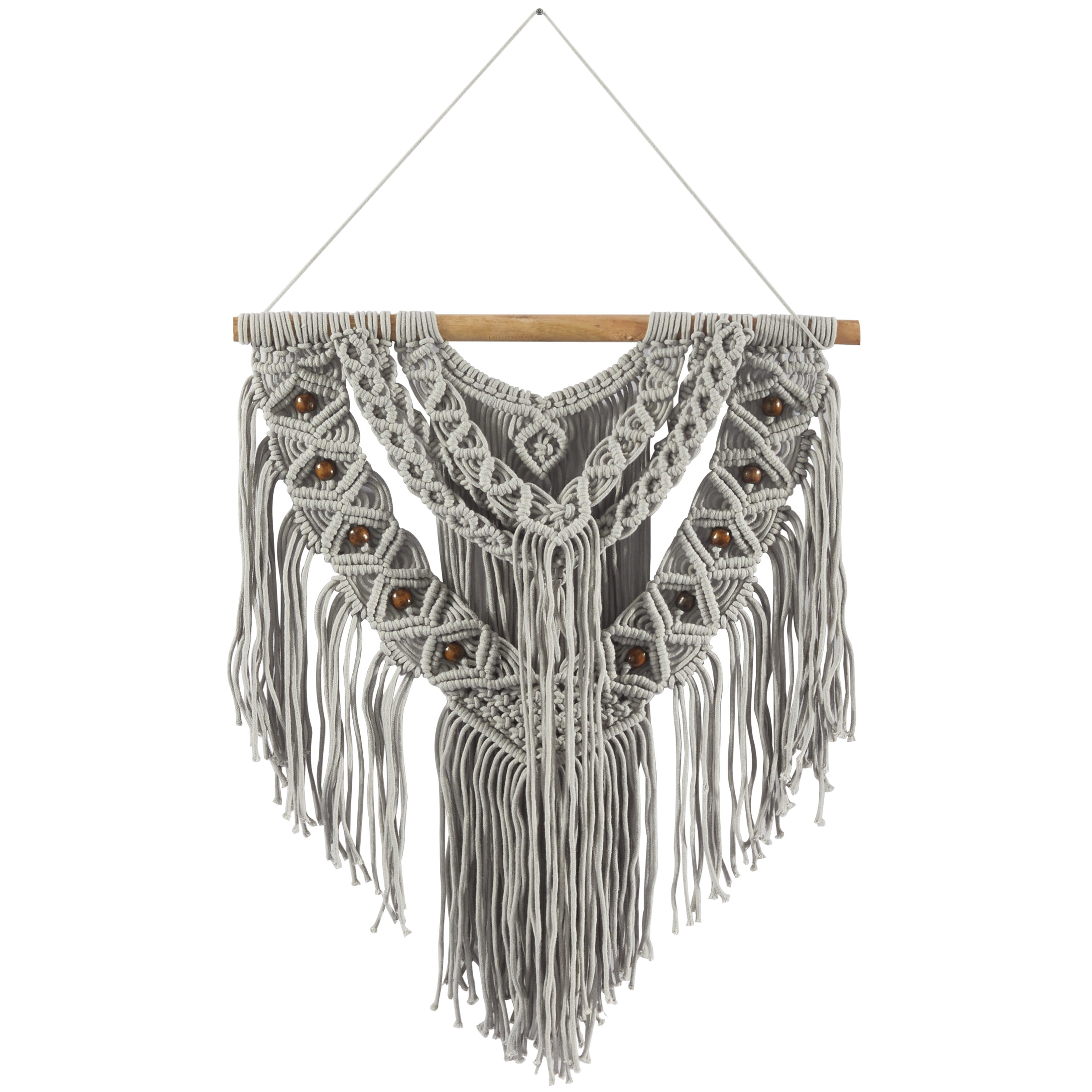 DecMode Gray Cotton Handmade Intricately Weaved Macrame Wall Decor with Beaded Fringe Tassels