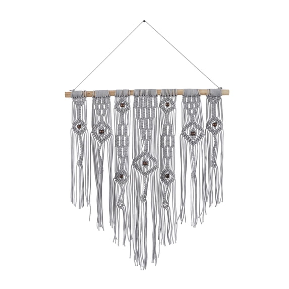 DecMode Gray Cotton Intricately Weaved Macrame Wall Decor with Beaded Fringe Tassels
