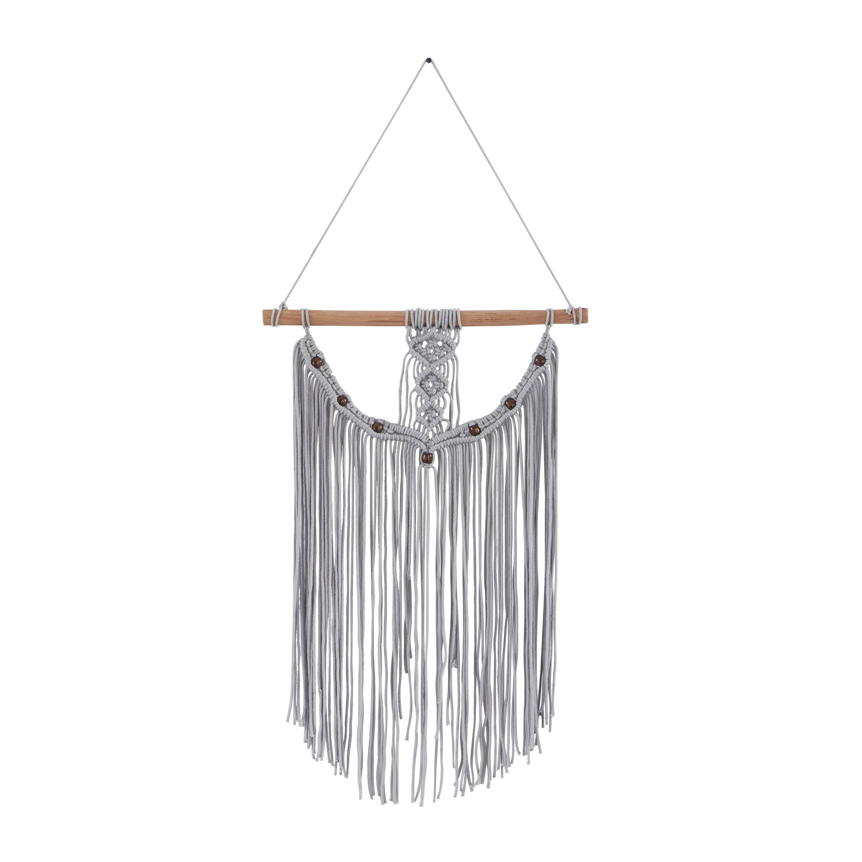 DecMode Gray Cotton Intricately Weaved Macrame Wall Decor with Beaded Fringe Tassels