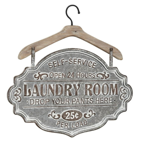 DecMode Gray Farmhouse Antique Style Metal Hanging Wall Décor Sign, 22"W x 22"Features Self-Service, Open 24 Hours, Laundry Room Typography