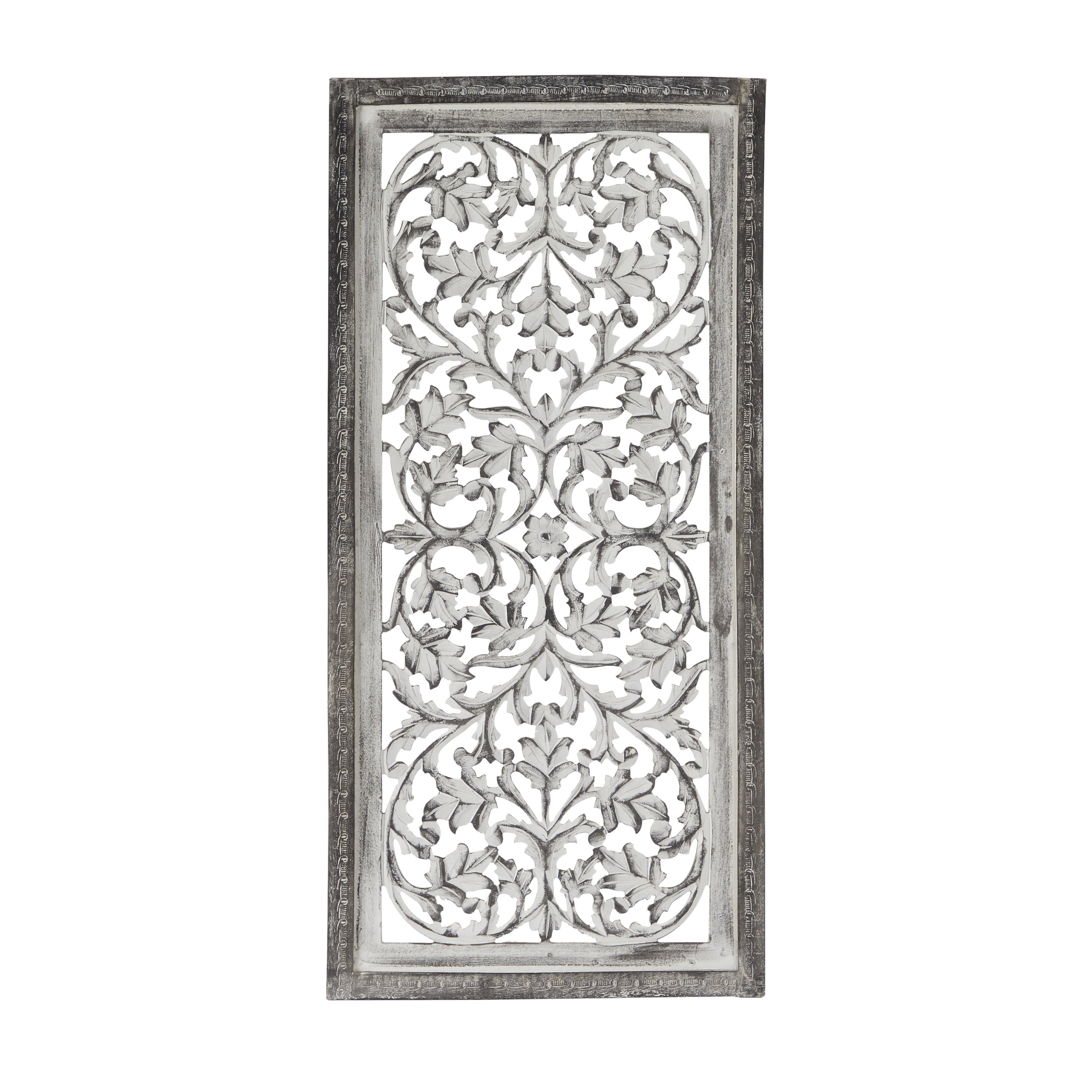 Gray Mango Wood Handmade Intricately Carved Floral Wall Panel