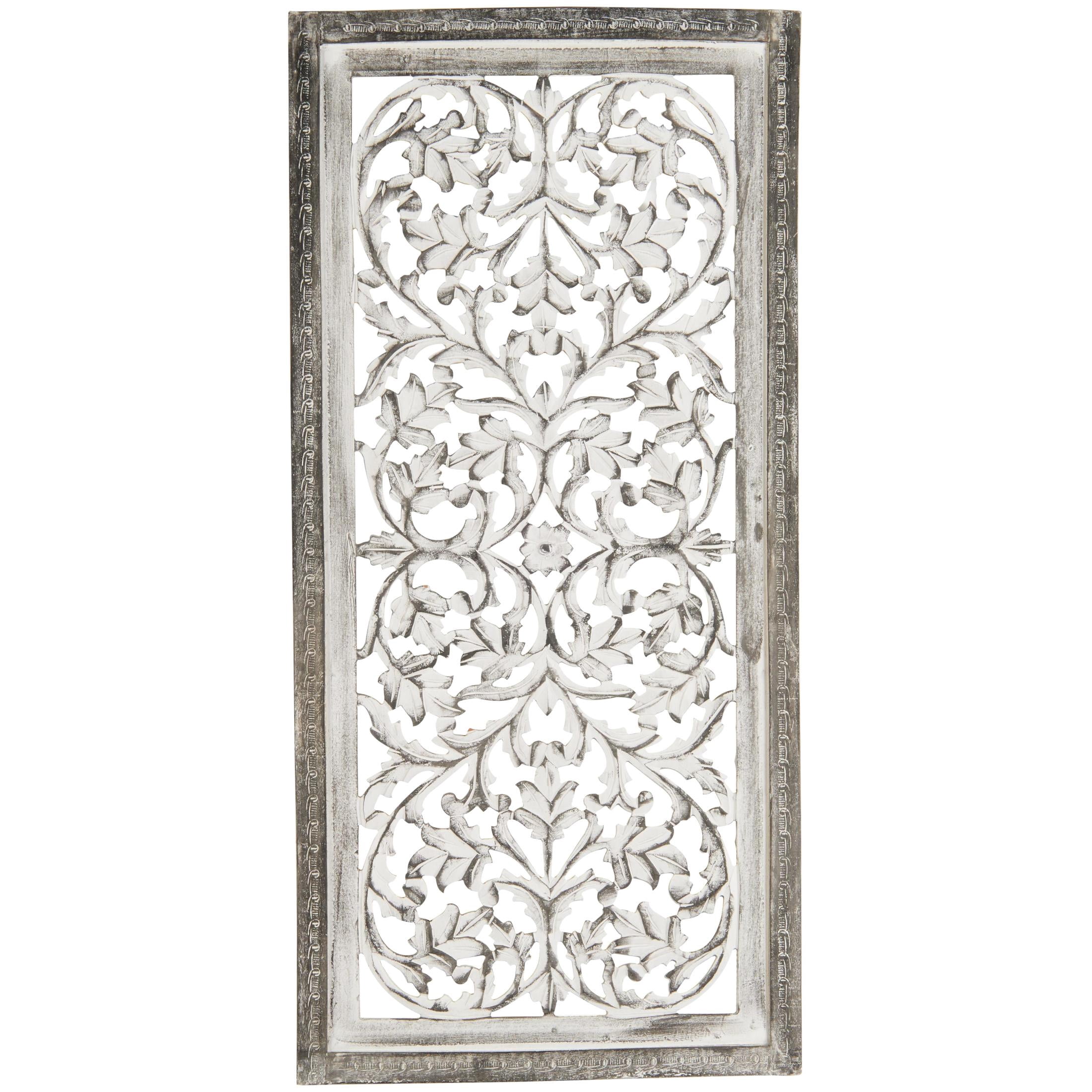 DecMode Gray Mango Wood Handmade Intricately Carved Floral Wall Decor ...