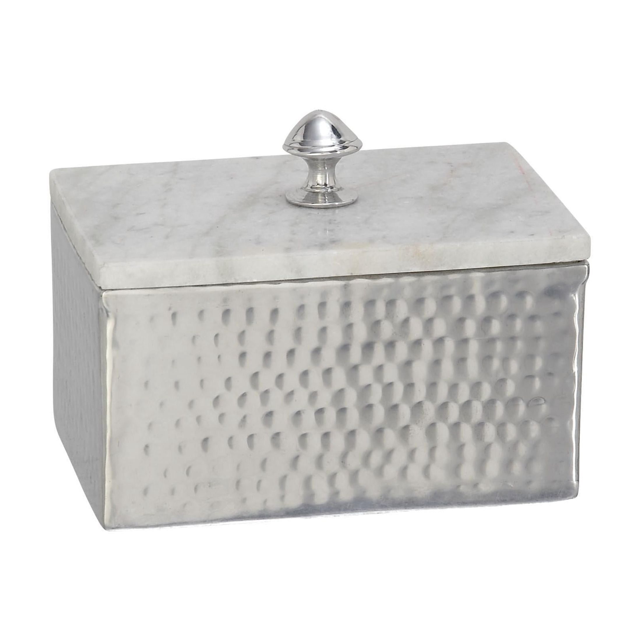 DecMode Hammered Silver Aluminum Metal Decorative Jewelry Box with White Marble Lid