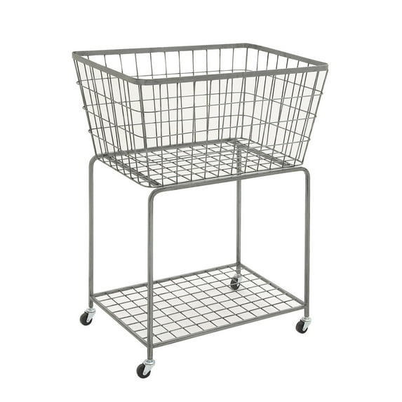 DecMode Gray Metal Deep Set Wire Basket Storage Cart with Wheels