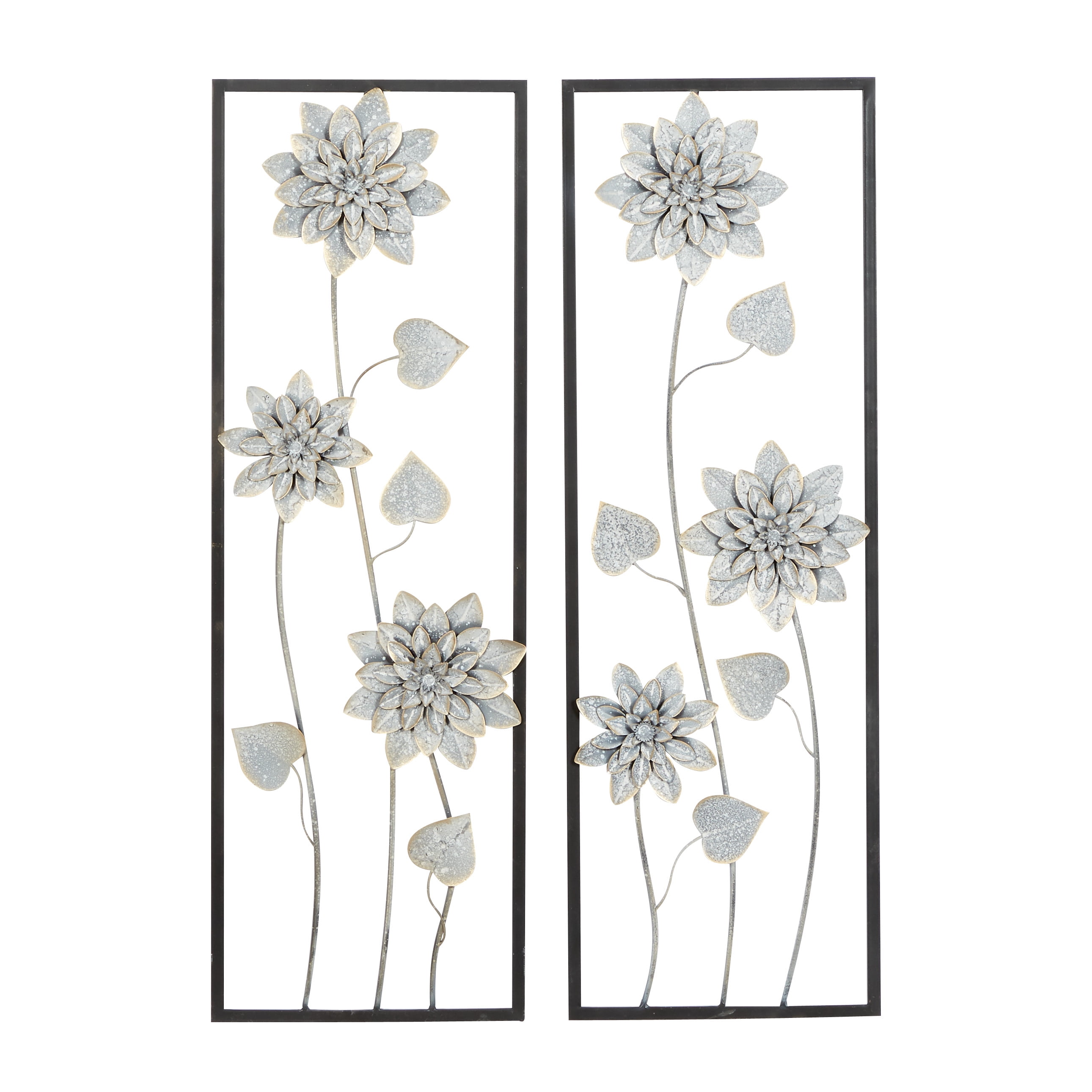 DecMode Gray Metal Floral Wall Decor with Black Frame (2 Count