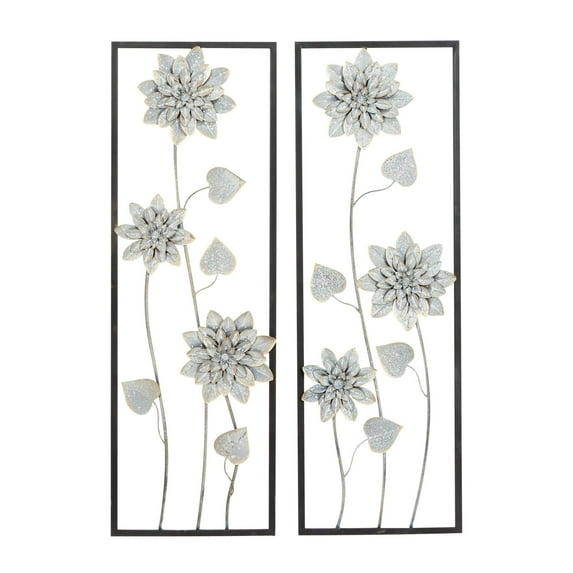 DecMode Gray Metal Floral Wall Decor with Black Frame (2 Count)