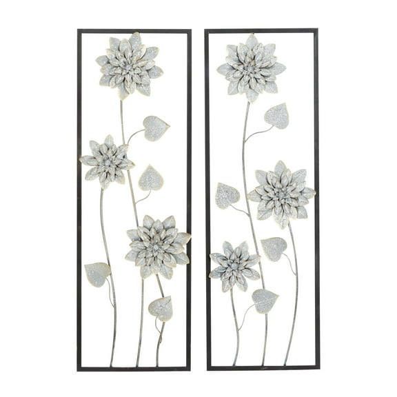 DecMode Gray Metal Floral Wall Decor with Black Frame (2 Count)