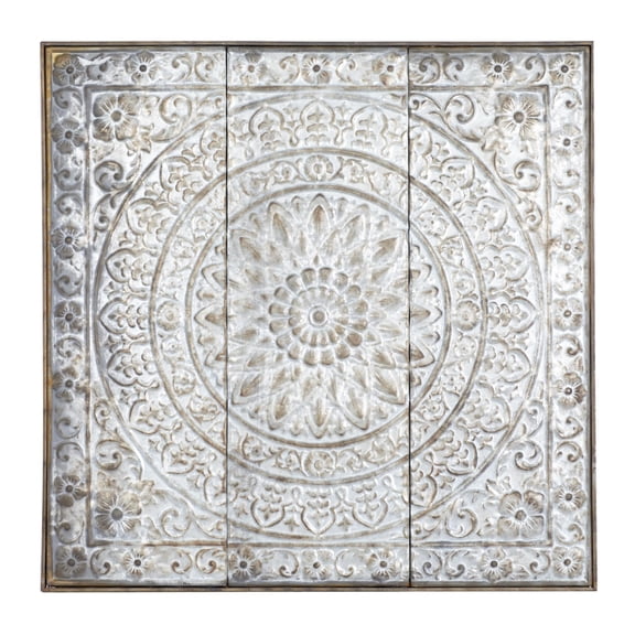 DecMode Gray Metal Embossed Floral Wall Decor with Gray Backing